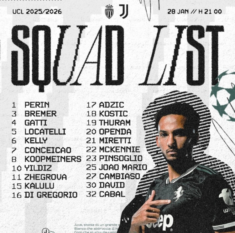 尤文vs摩纳哥欧冠名单：伊尔迪兹领衔，戴维、布雷默、孔塞桑在列